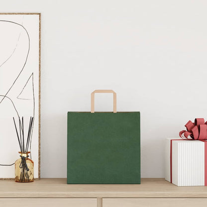 Sacchetti di Carta Kraft 50 pz con Manici Verdi 26x17x25 cm