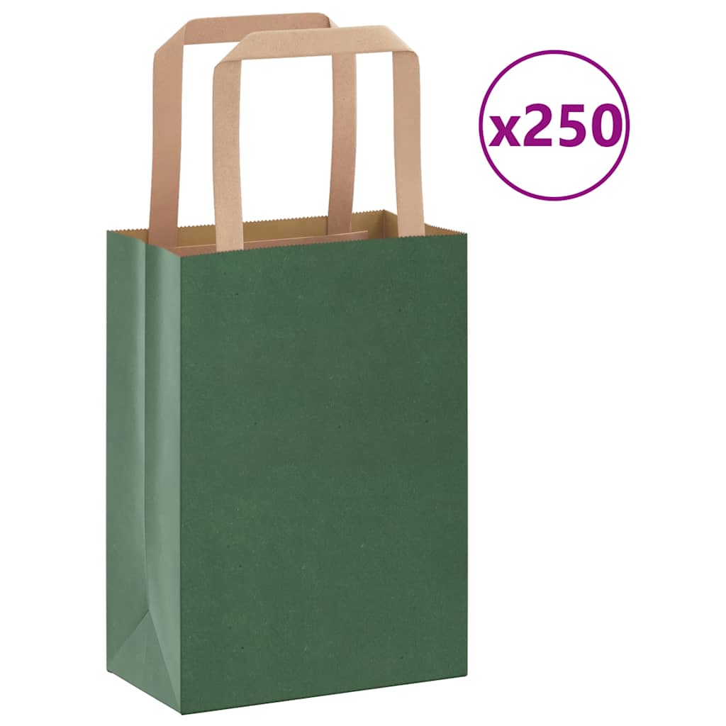 Sacchetti di Carta Kraft 250 pz con Manici Verdi 15x8x21 cm