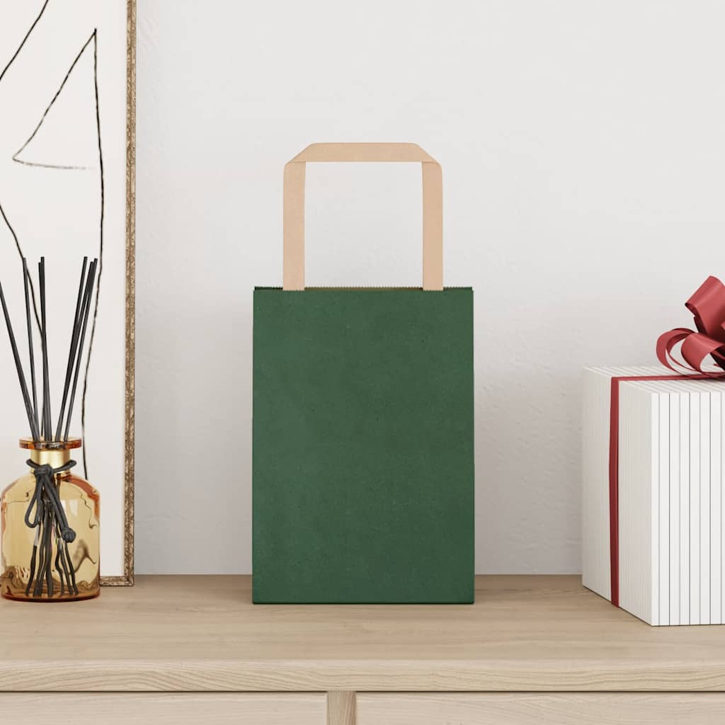 Sacchetti di Carta Kraft 250 pz con Manici Verdi 15x8x21 cm