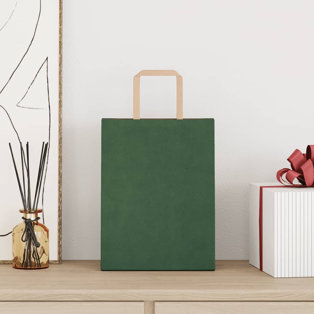 Sacchetti di Carta Kraft 250 pz con Manici Verdi 21x11x28 cm