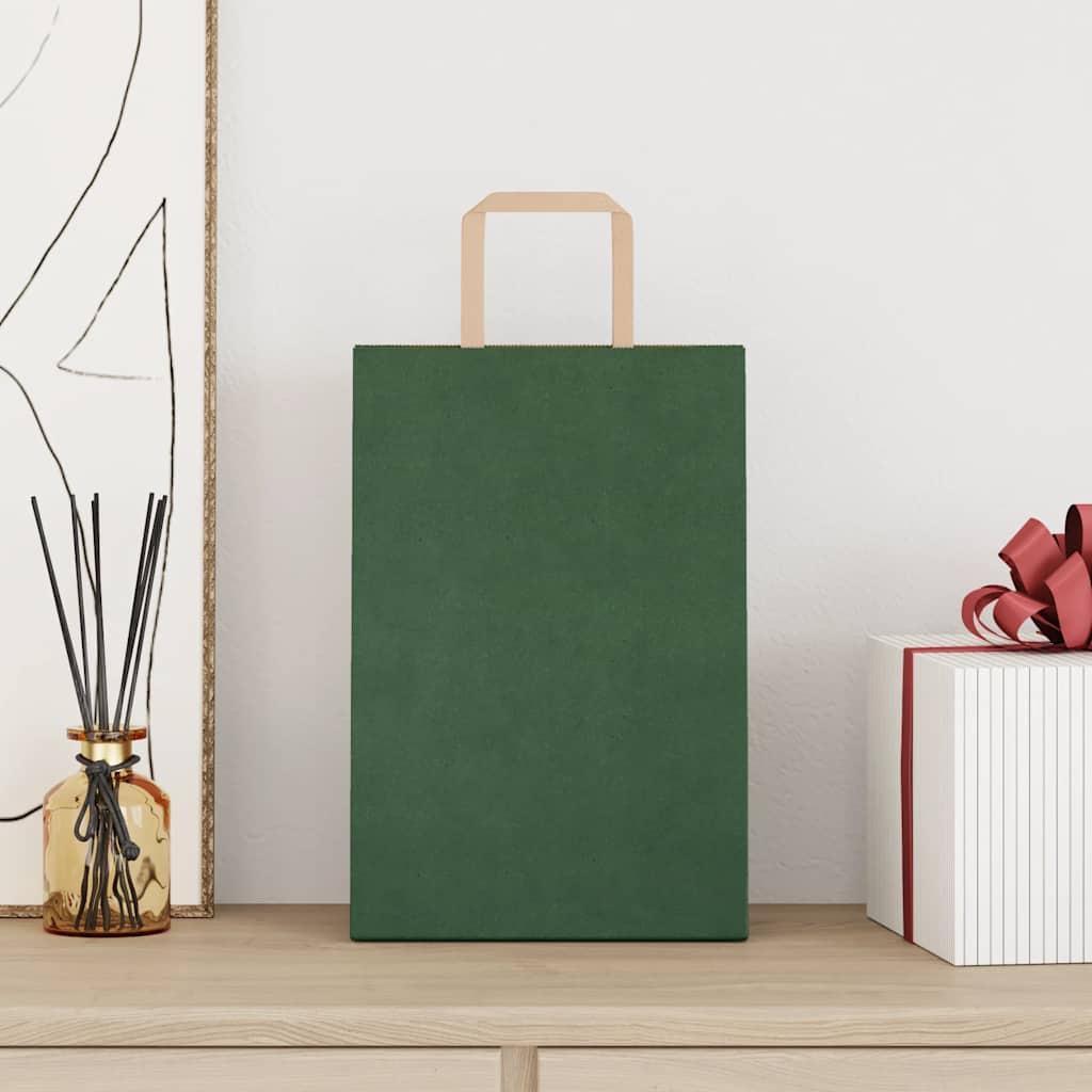 Sacchetti di Carta Kraft 250 pz con Manici Verdi 21x11x31 cm