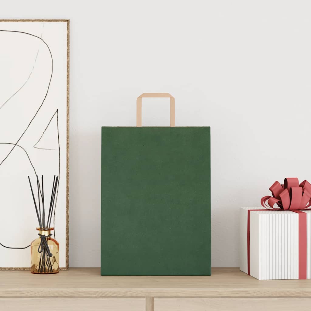 Sacchetti di Carta Kraft 250 pz con Manici Verdi 26x12x35 cm