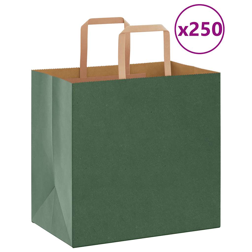Sacchetti di Carta Kraft 250 pz con Manici Verdi 26x17x25 cm