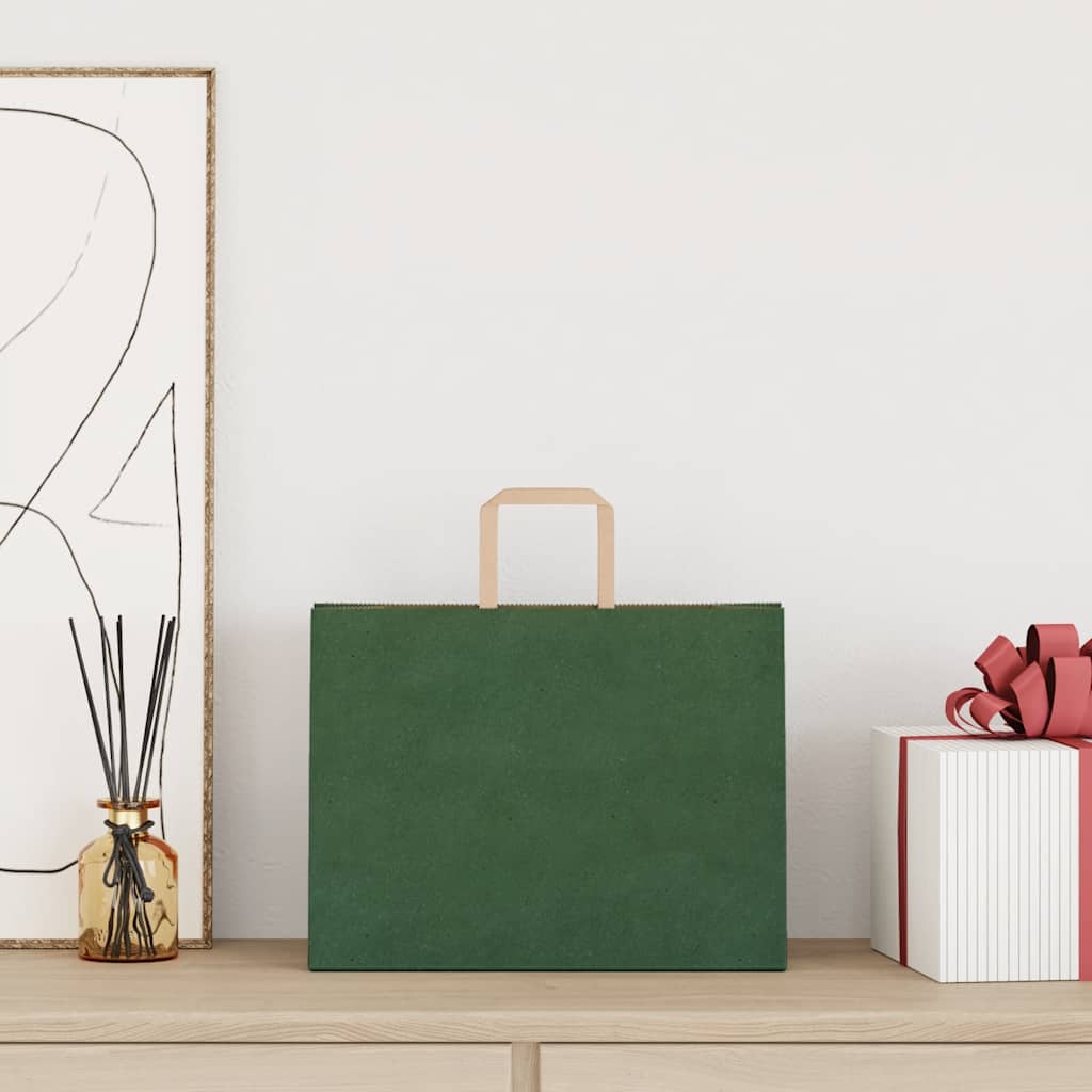 Sacchetti di Carta Kraft 250 pz con Manici Verdi 32x17x25 cm