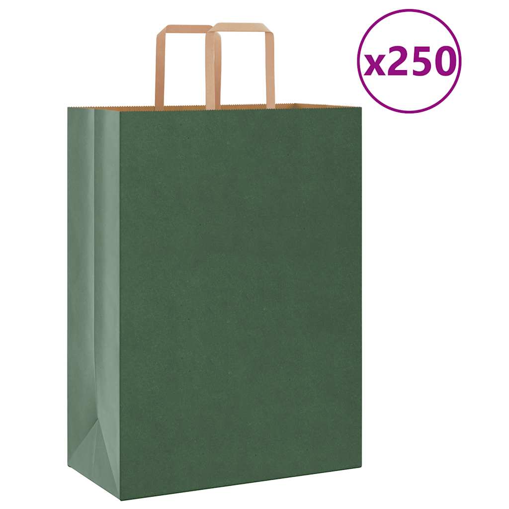 Sacchetti di Carta Kraft 250 pz con Manici Verdi 32x17x44 cm