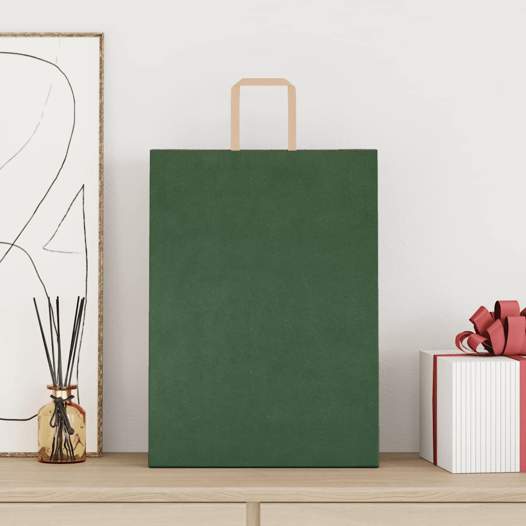 Sacchetti di Carta Kraft 250 pz con Manici Verdi 32x17x44 cm