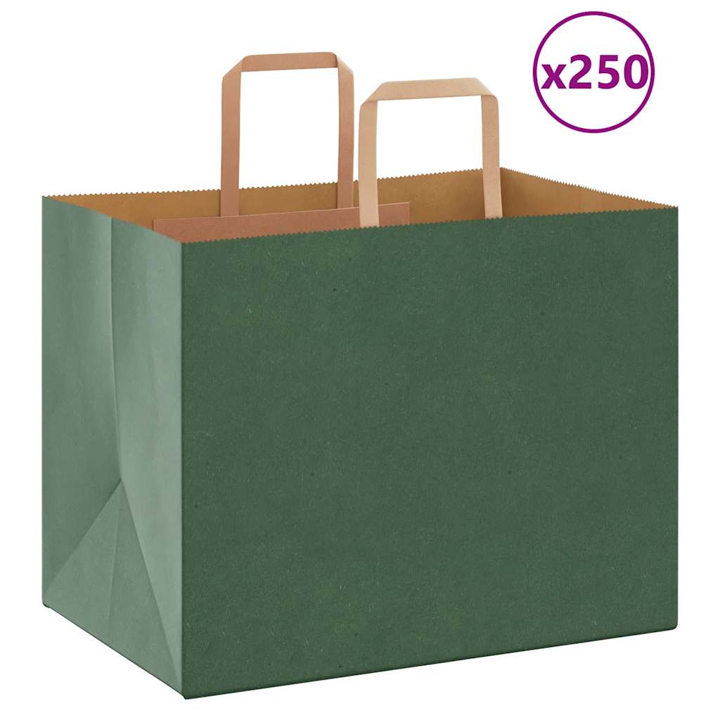 Sacchetti di Carta Kraft 250 pz con Manici Verdi 32x22x24 cm