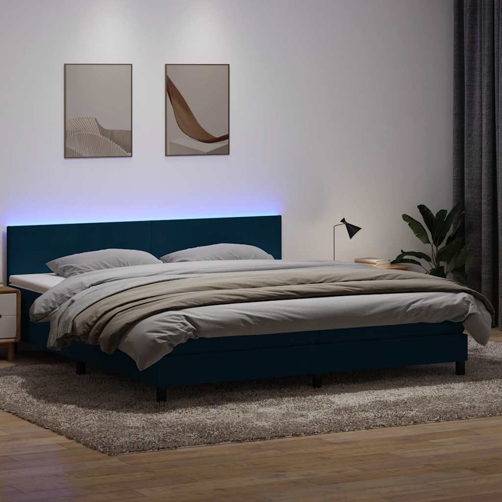 Letto a Molle con Materasso e LED Blu Scuro 180x210 cm in Velluto