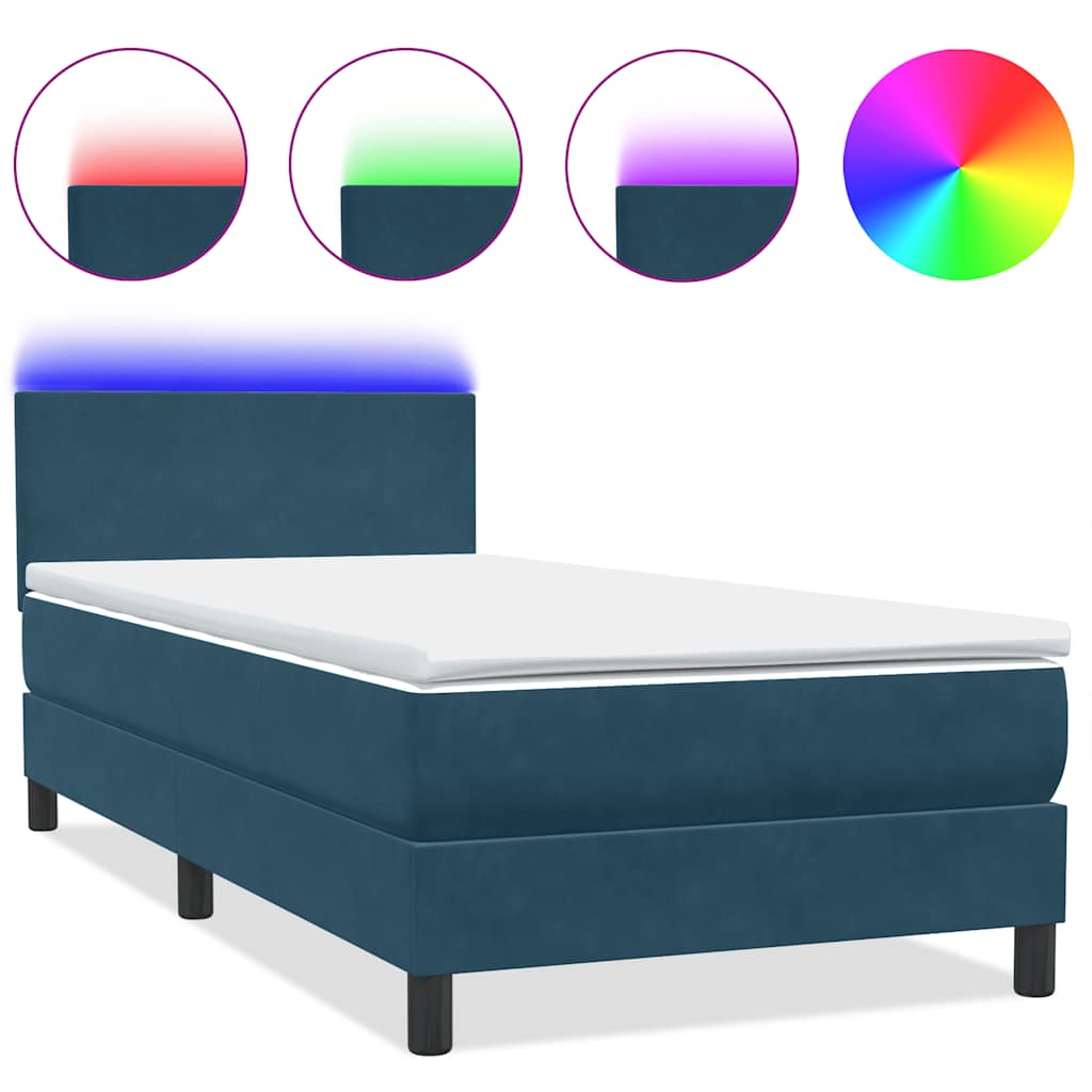 Letto a Molle con Materasso e LED Blu Scuro 90x220 cm Velluto