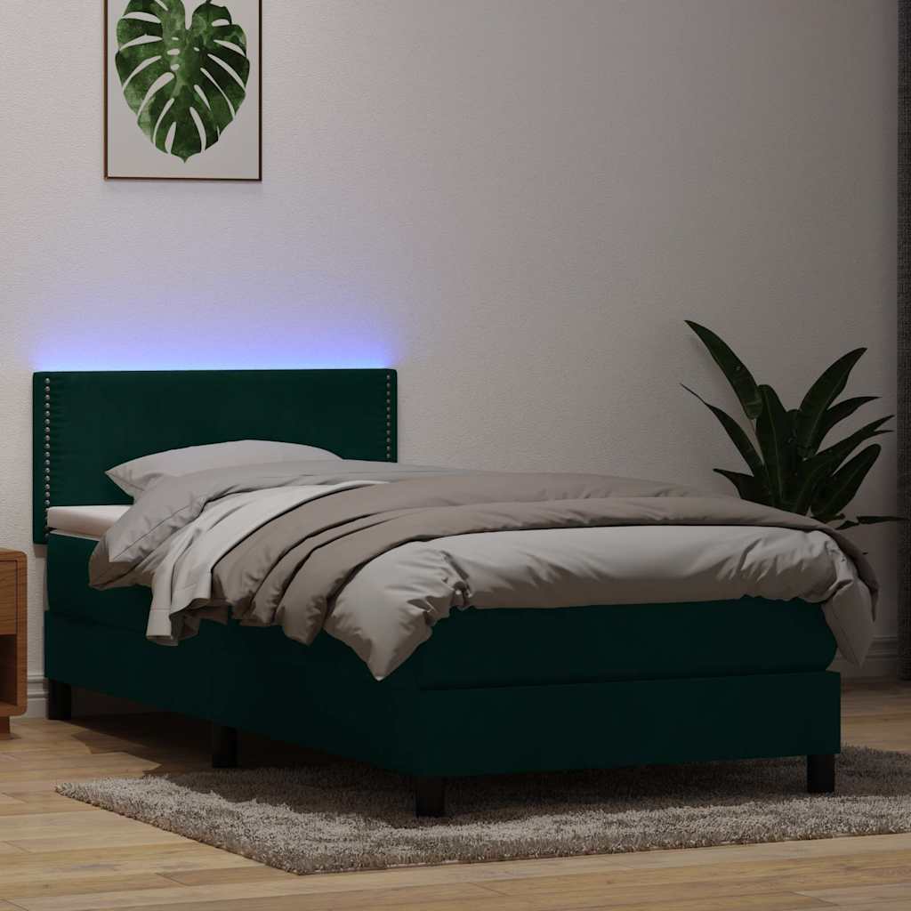 Letto a Molle con Materasso e LED Verde Scuro 100x210 cm Velluto