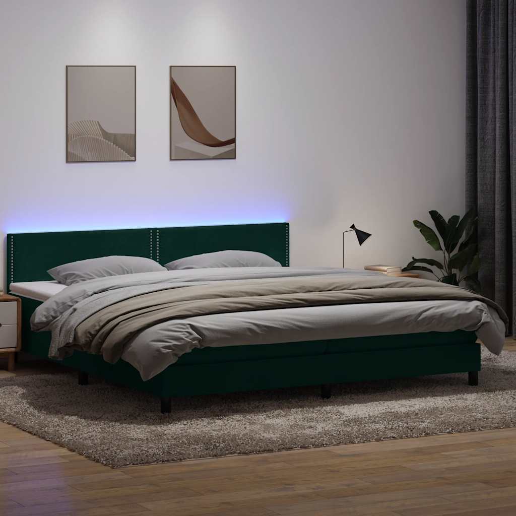 Letto a Molle con Materasso e LED Verde Scuro 180x210 cm Velluto