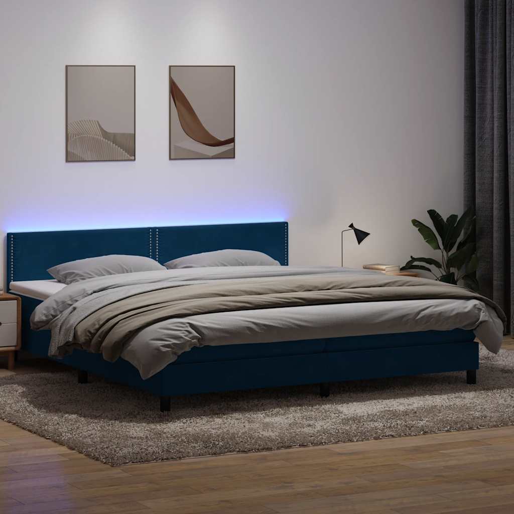 Letto a Molle con Materasso e LED Blu Scuro 180x210 cm in Velluto