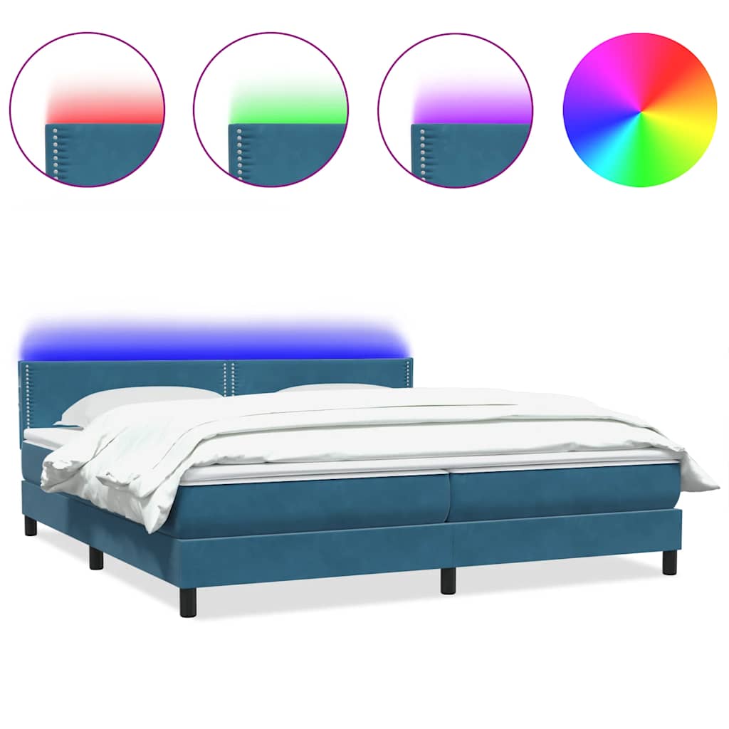 Letto a Molle con Materasso e LED Blu Scuro 180x220 cm Velluto