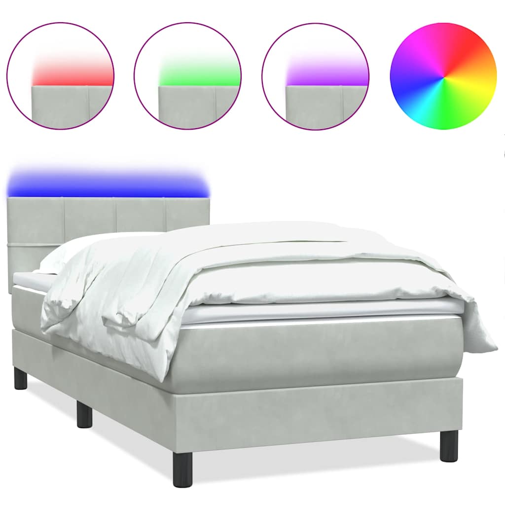 Letto a Molle con Materasso e LED grigio chiaro 90x210 cm Velluto