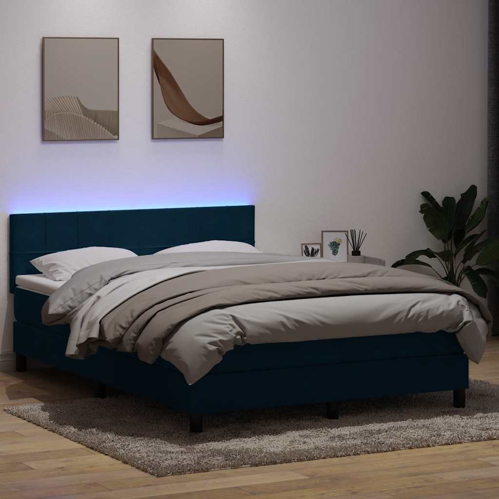 Letto a Molle con Materasso e LED Blu Scuro 160x210 cm in Velluto