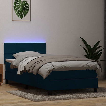 Letto a Molle con Materasso e LED Blu Scuro 90x220 cm Velluto