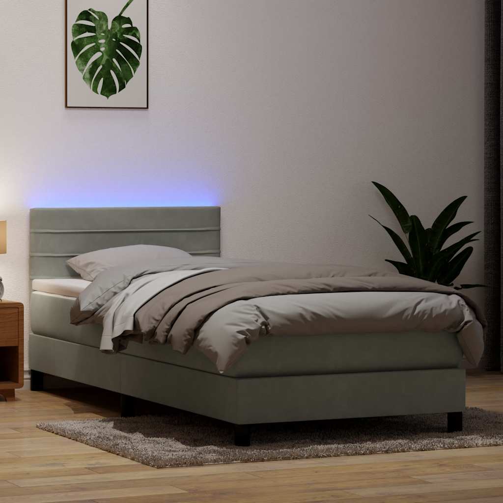 Letto a Molle con Materasso e LED Grigio Chiaro 100x210cm Velluto
