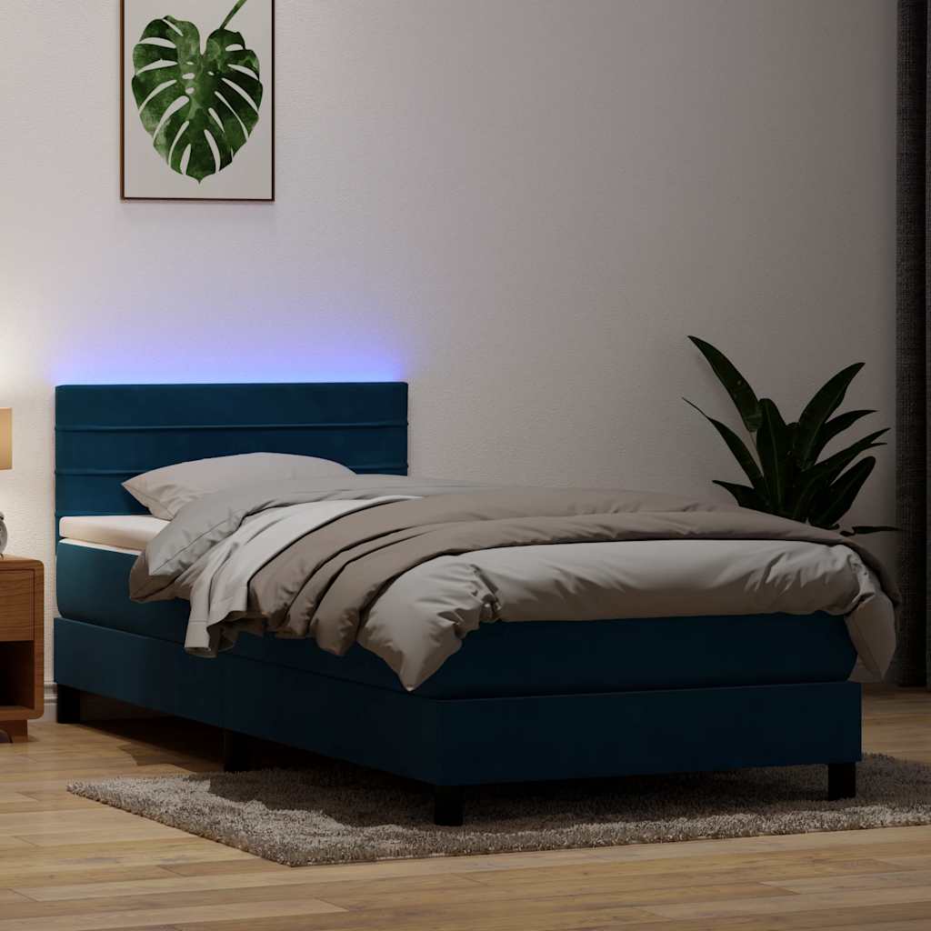 Letto a Molle con Materasso e LED Blu Scuro 80x220 cm Velluto