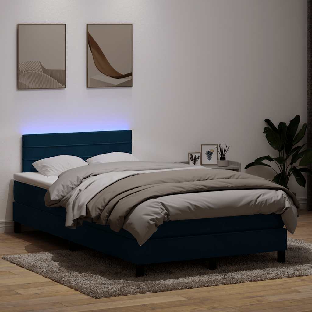 Letto a Molle con Materasso e LED Blu Scuro 120x220 cm in Velluto