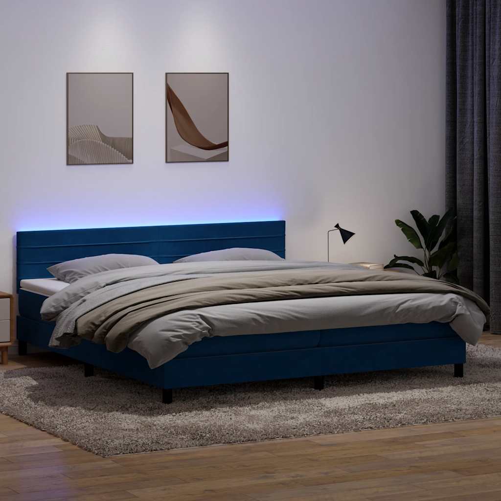 Letto a Molle con Materasso e LED Blu Scuro 200x220 cm in Velluto