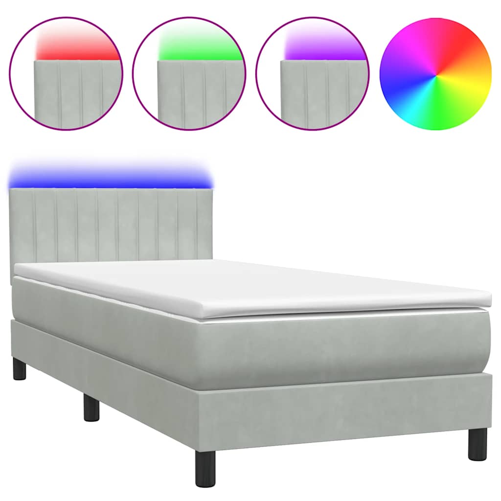 Letto a Molle con Materasso e LED grigio chiaro 90x210 cm Velluto