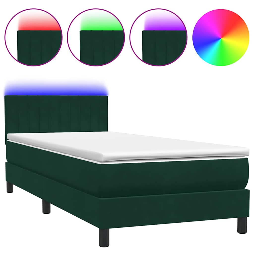 Letto a Molle con Materasso e LED Verde Scuro 80x220 cm Velluto
