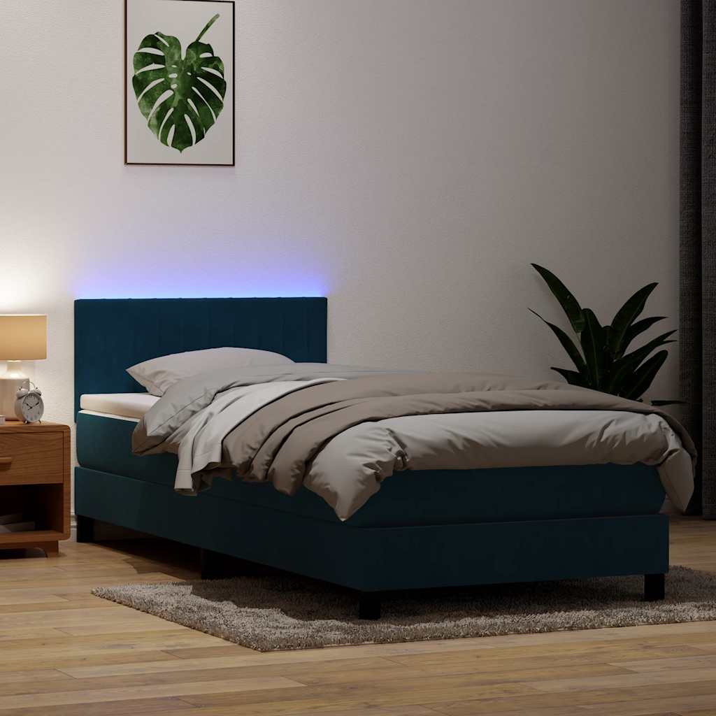 Letto a Molle con Materasso e LED Blu Scuro 80x220 cm Velluto