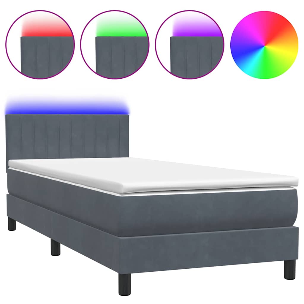 Letto a Molle con Materasso e LED Grigio Scuro 90x220 cm Velluto