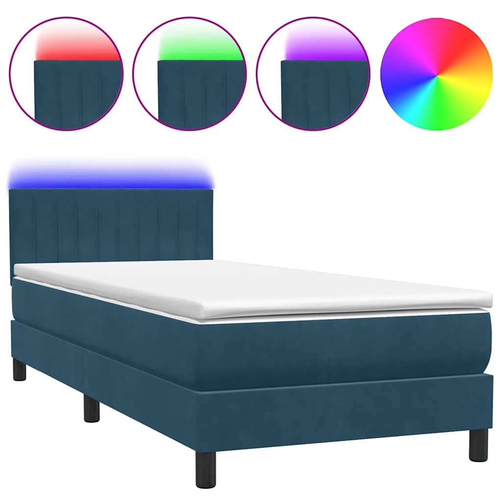 Letto a Molle con Materasso e LED Blu Scuro 90x220 cm Velluto