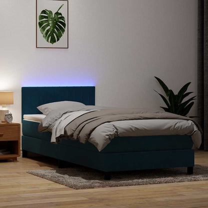 Letto a Molle con Materasso e LED Blu Scuro 90x220 cm Velluto