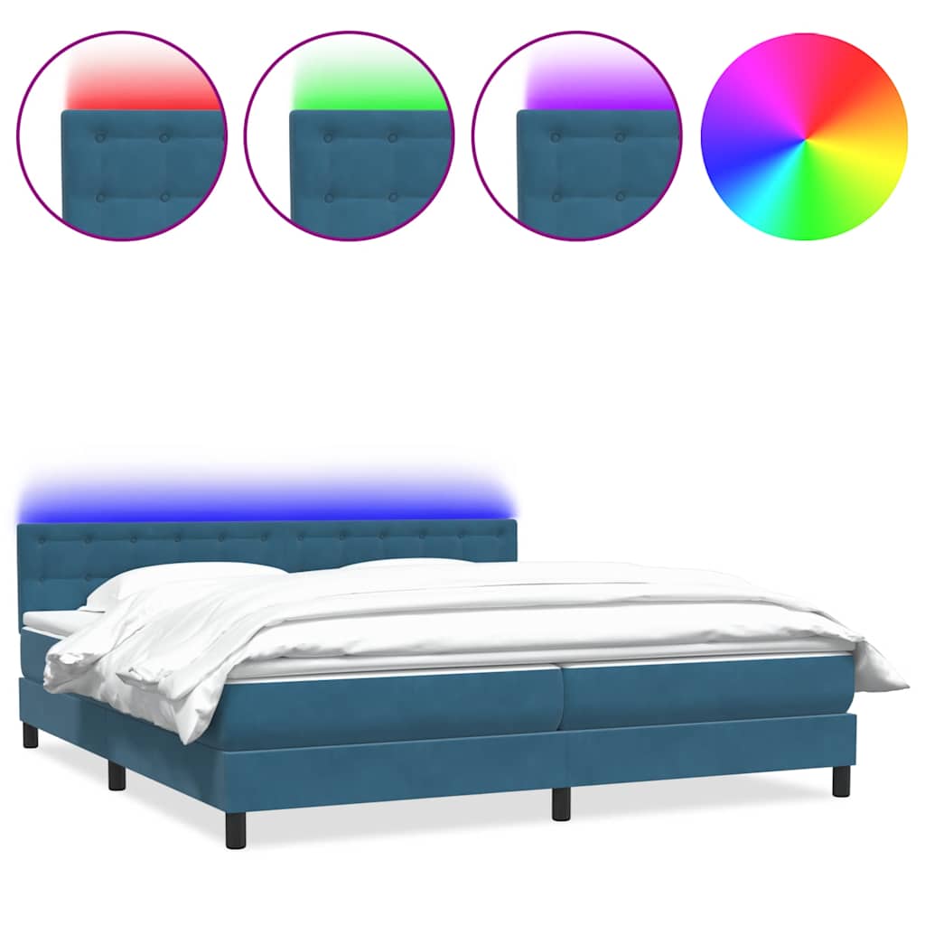 Letto a Molle con Materasso e LED Blu Scuro 180x210 cm in Velluto