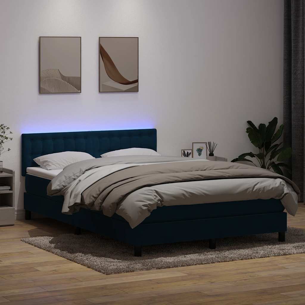 Letto a Molle con Materasso e LED Blu Scuro 140x220 cm Velluto