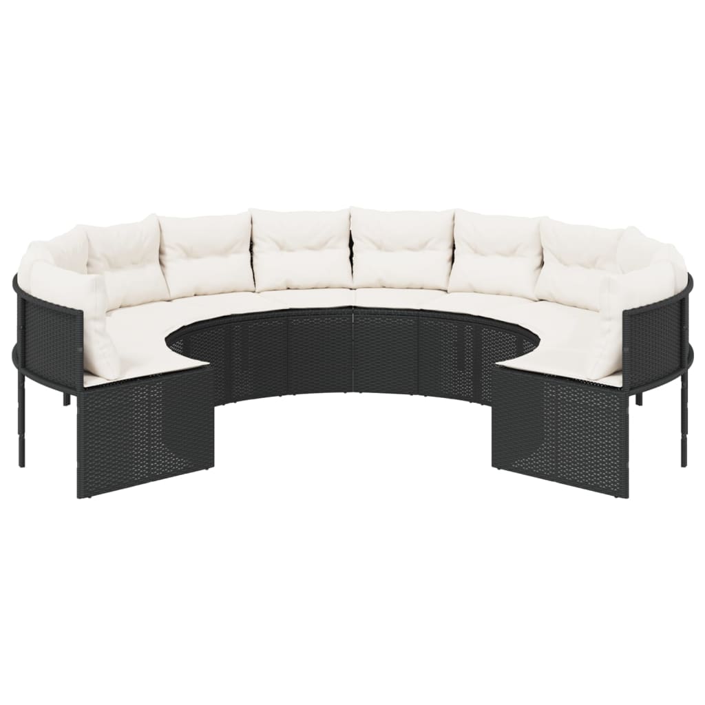 Divano da Giardino con Cuscini Circolare Nero in Polyrattan