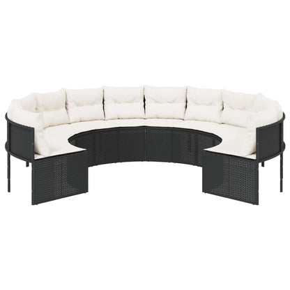 Divano da Giardino con Cuscini Circolare Nero in Polyrattan