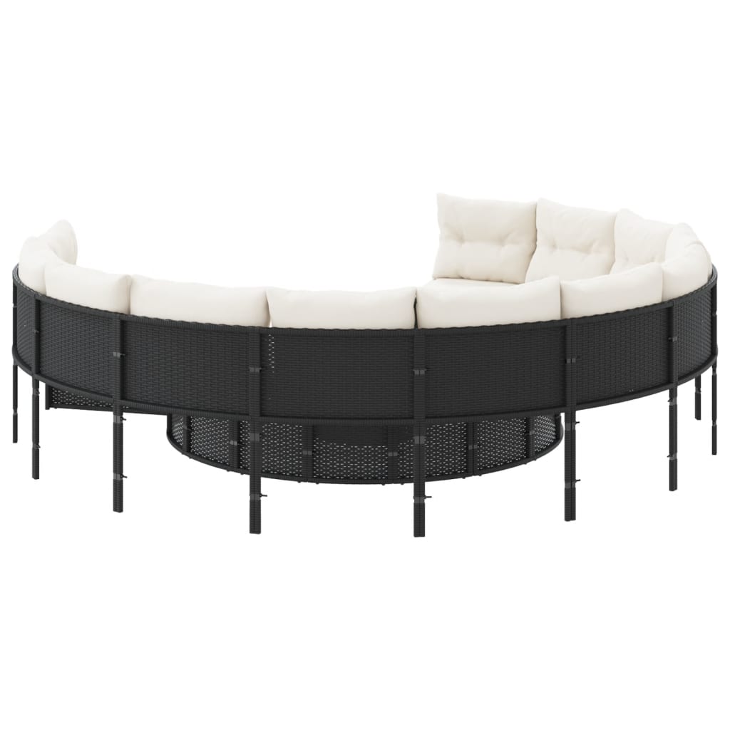 Divano da Giardino con Cuscini Circolare Nero in Polyrattan