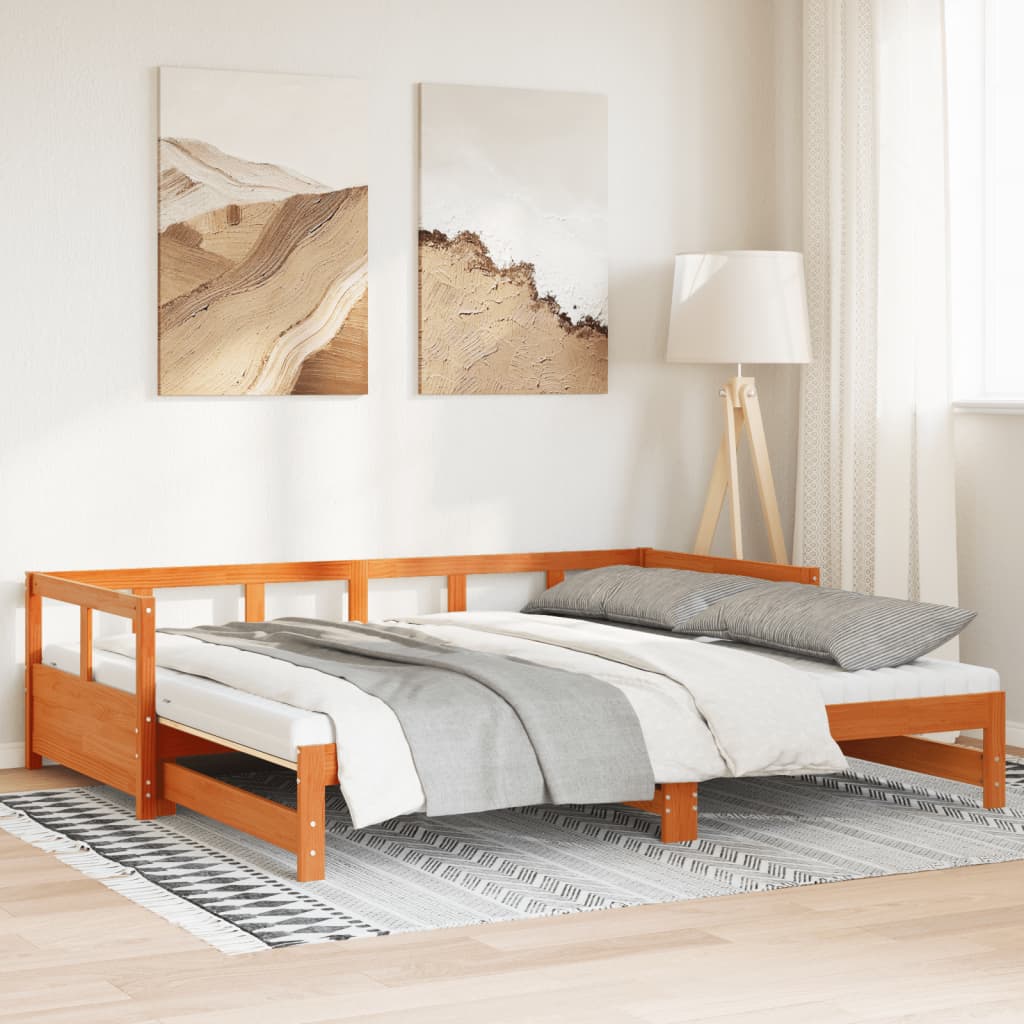 Divano Letto con Rotelle e Materasso Marrone Cera 80x200cm Pino