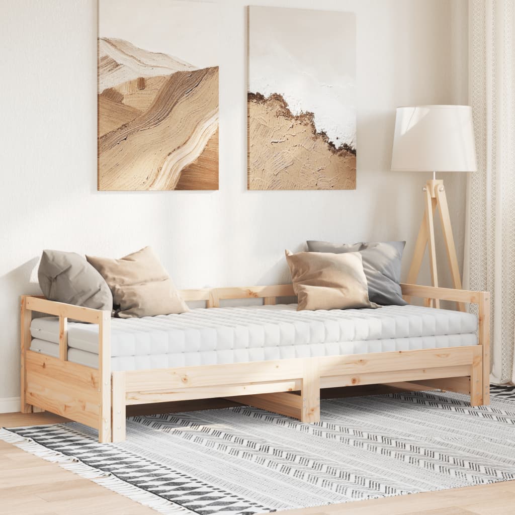 Divano Letto con Rotelle e Materasso 90x200 cm Massello di Pino