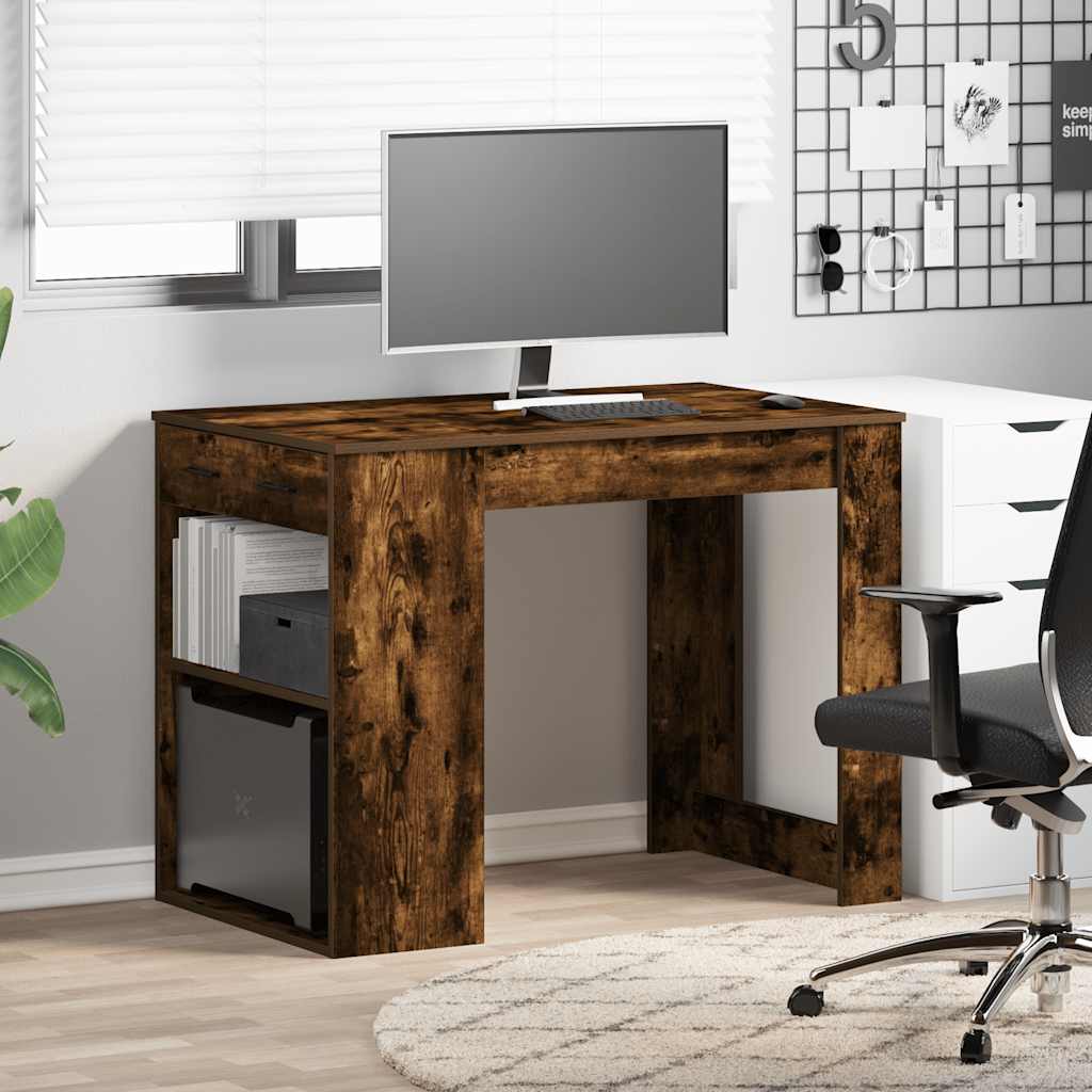Scrivania con Cassetto e Ripiano Rovere Fumo Legno Multistrato