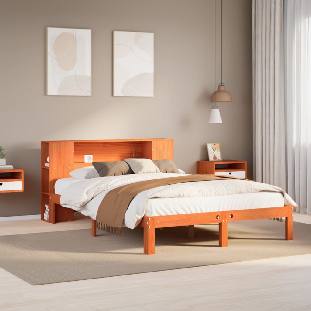 Letto Libreria senza Materasso Marrone Cera 140x200 cm in Pino