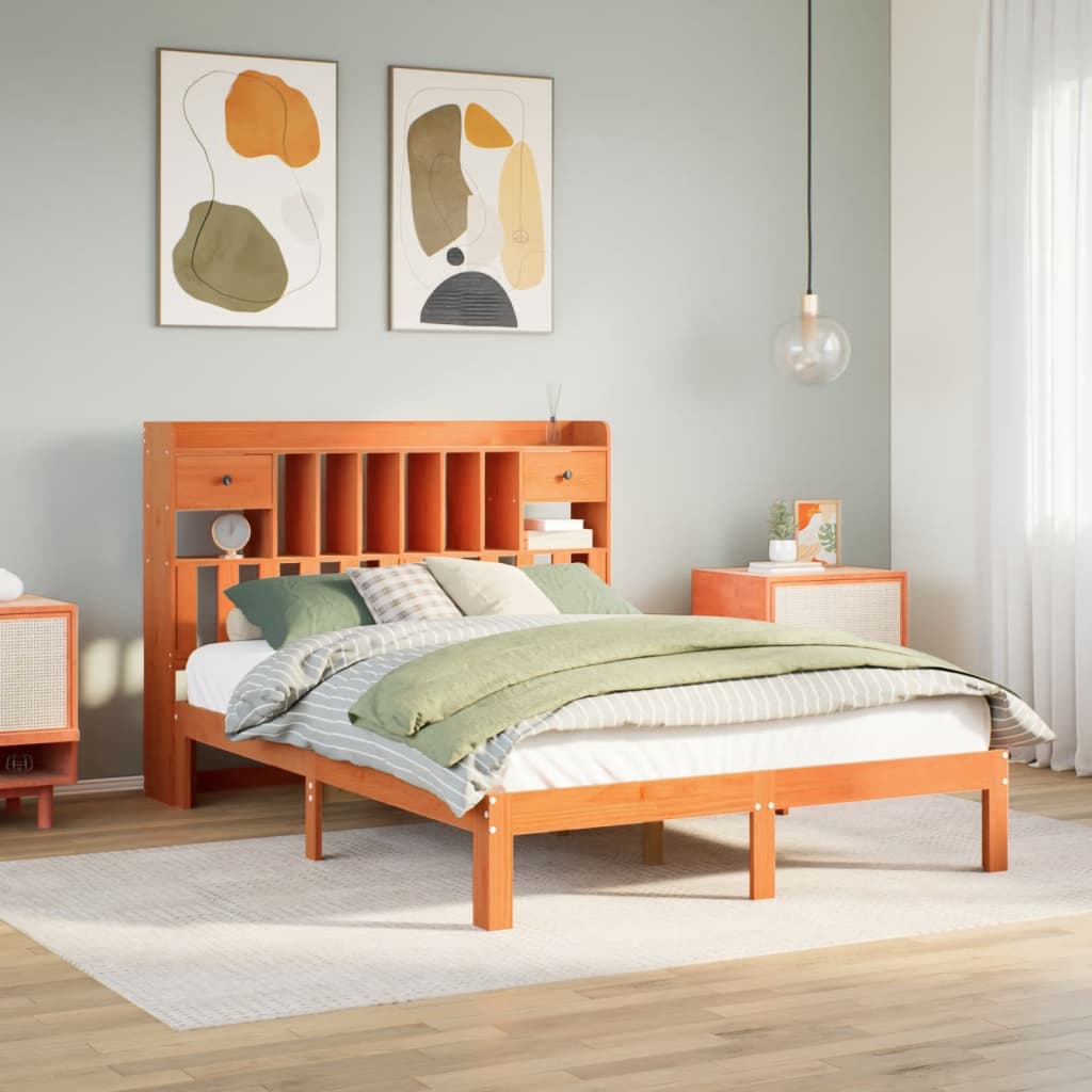 Letto Libreria senza Materasso Marrone Cera 140x200 cm in Pino