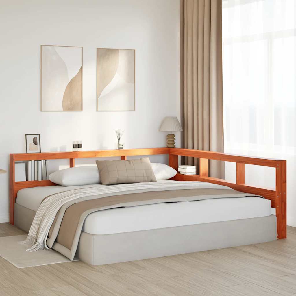 Testiera Libreria a L Marrone Cera 200cm Legno Massello di Pino