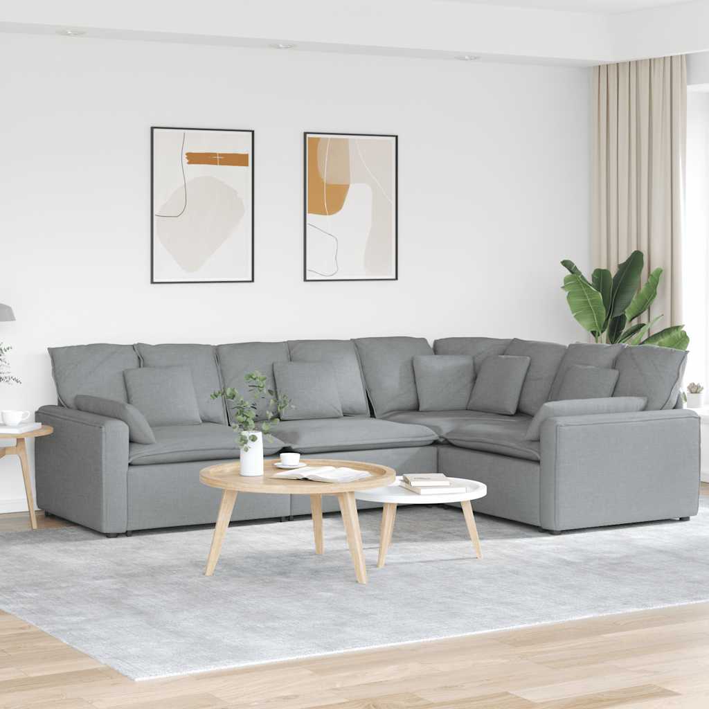 Divano Modulare con Cuscini in Tessuto Grigio Chiaro