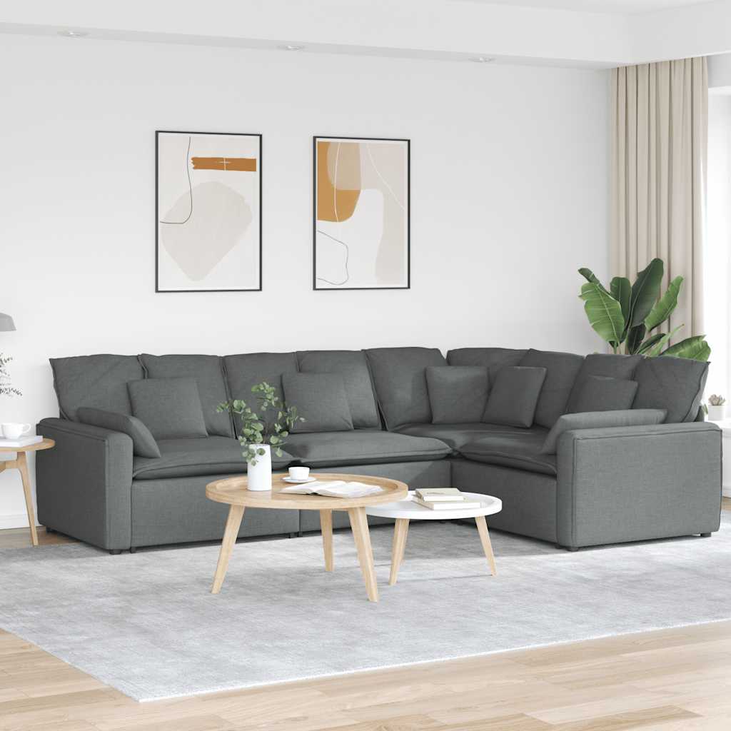 Divano Modulare con Cuscini in Tessuto Grigio Scuro