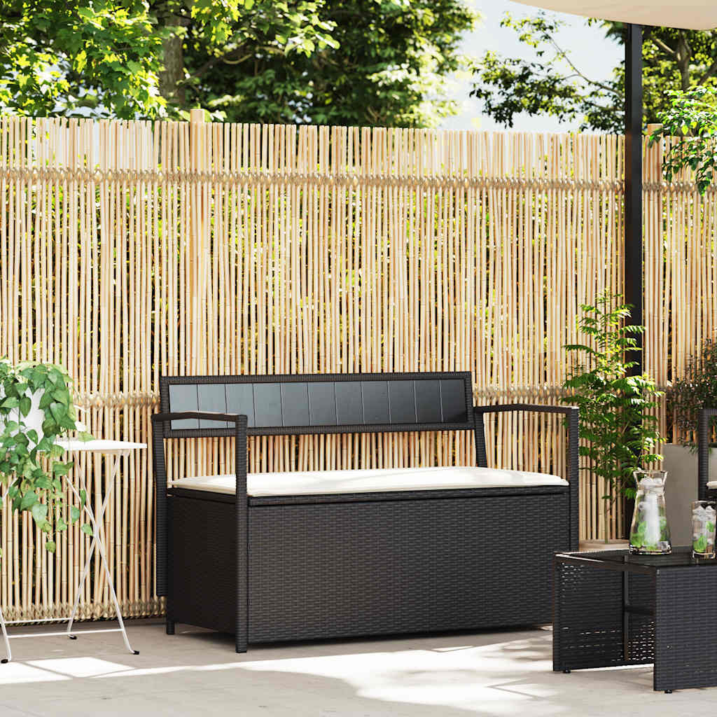 Panca Portaoggetti da Giardino con Cuscino in Polyrattan Nero