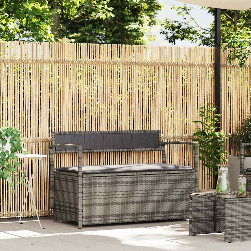 Panca Portaoggetti da Giardino con Cuscino Grigio in Polyrattan