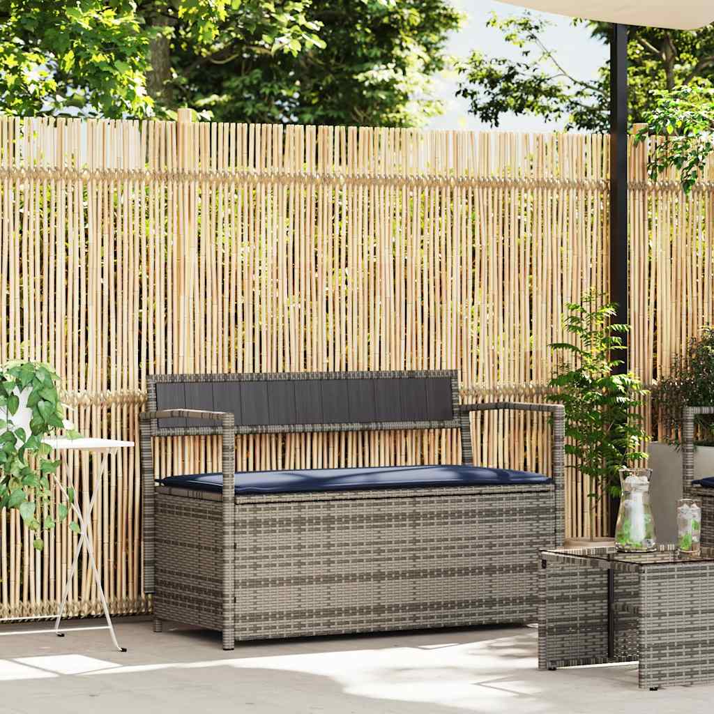 Panca Portaoggetti da Giardino con Cuscino Grigio in Polyrattan