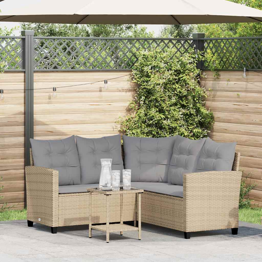 Divano da Giardino con Tavolo e Cuscini a L Beige in Polyrattan