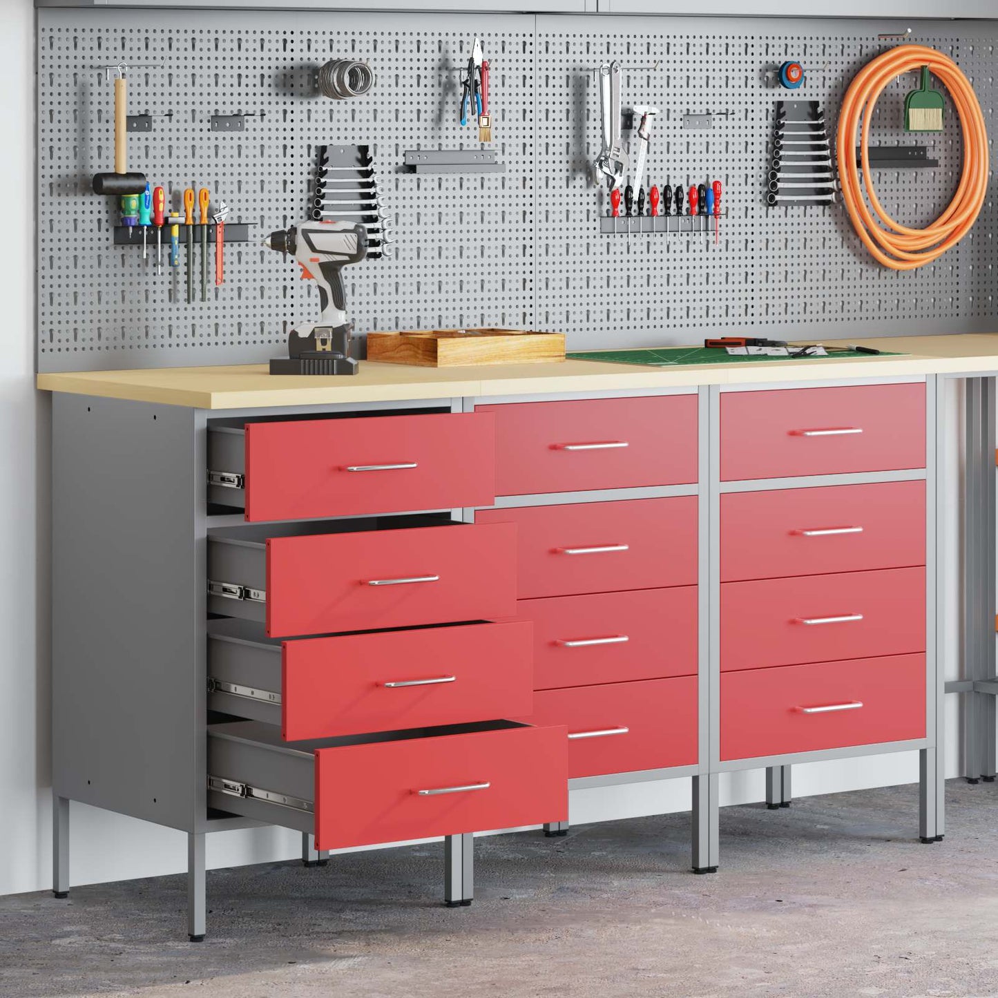 Mobile da lavoro con ruota 3 pcs Rosso e Grigio 75 x 45 x 85 cm