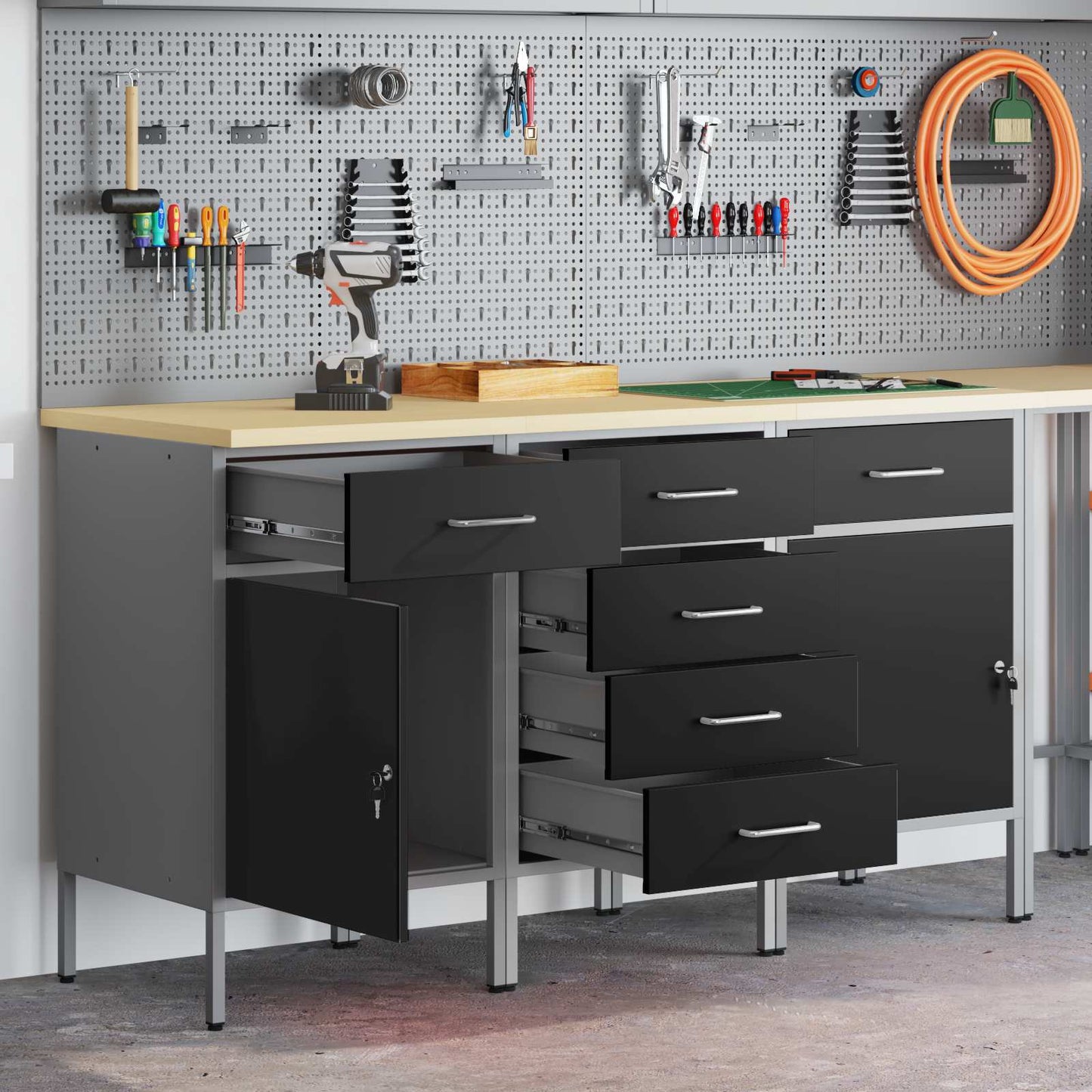 Mobile da lavoro con ruota 3 pcs Nero e Grigio 75 x 45 x 85 cm