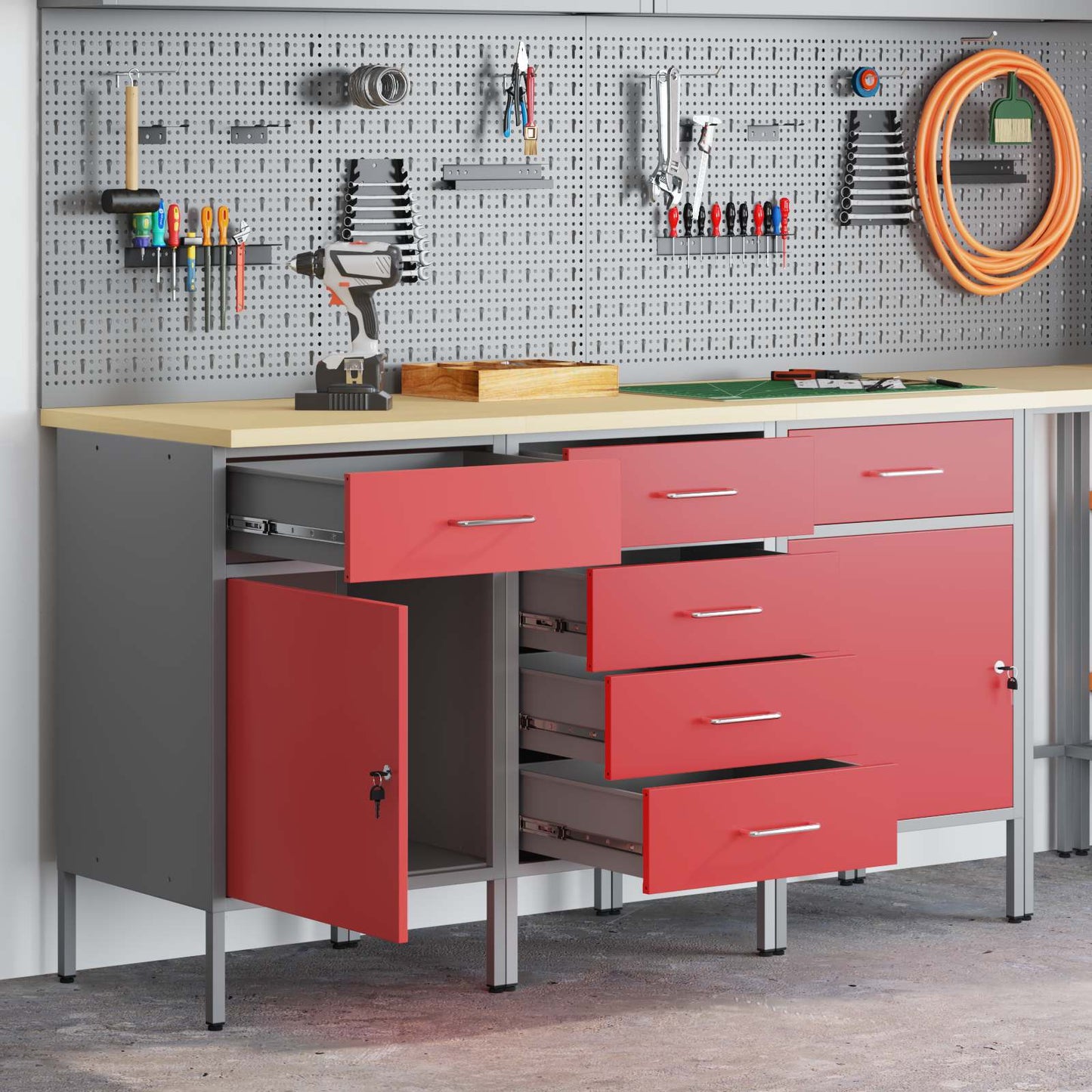 Mobile da lavoro con ruota 3 pcs Rosso e Grigio 75 x 45 x 85 cm